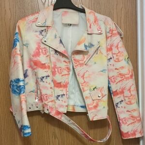 SHEIN Red and Blue Faux Leather Moto Jacket